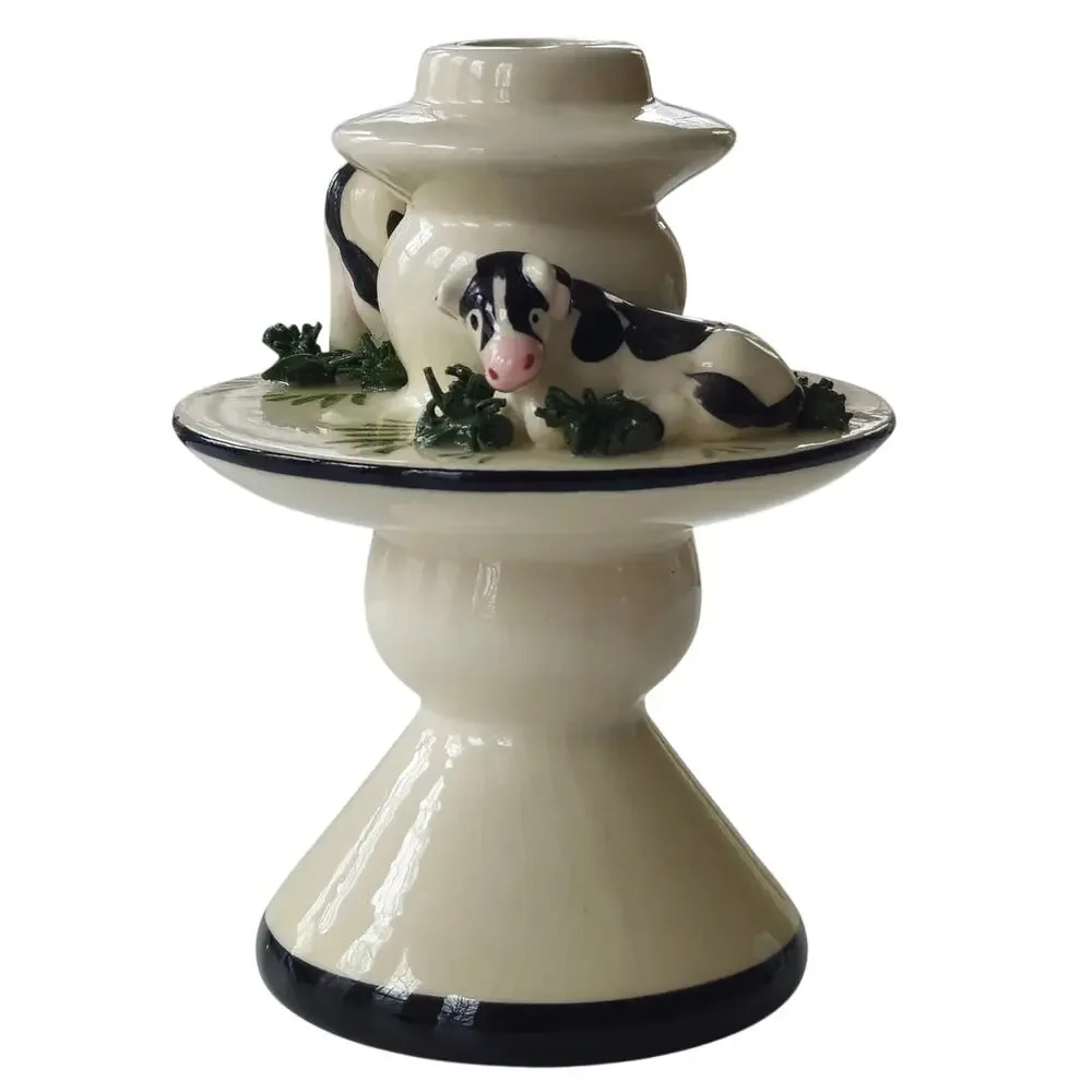 Rare Vintage 1990s L.A. Ceramics Hand-Painted Cow Cottagecore Candle Holder